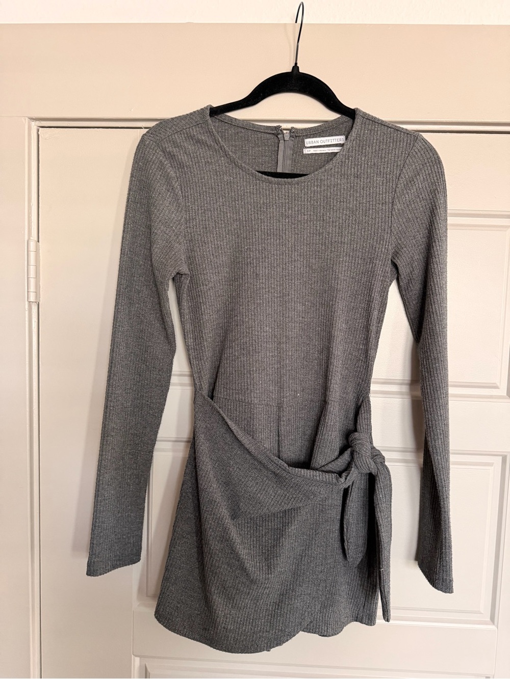 Urban Outfitters Gray Ribbed Long-Sleeve Tie-Waist Romper